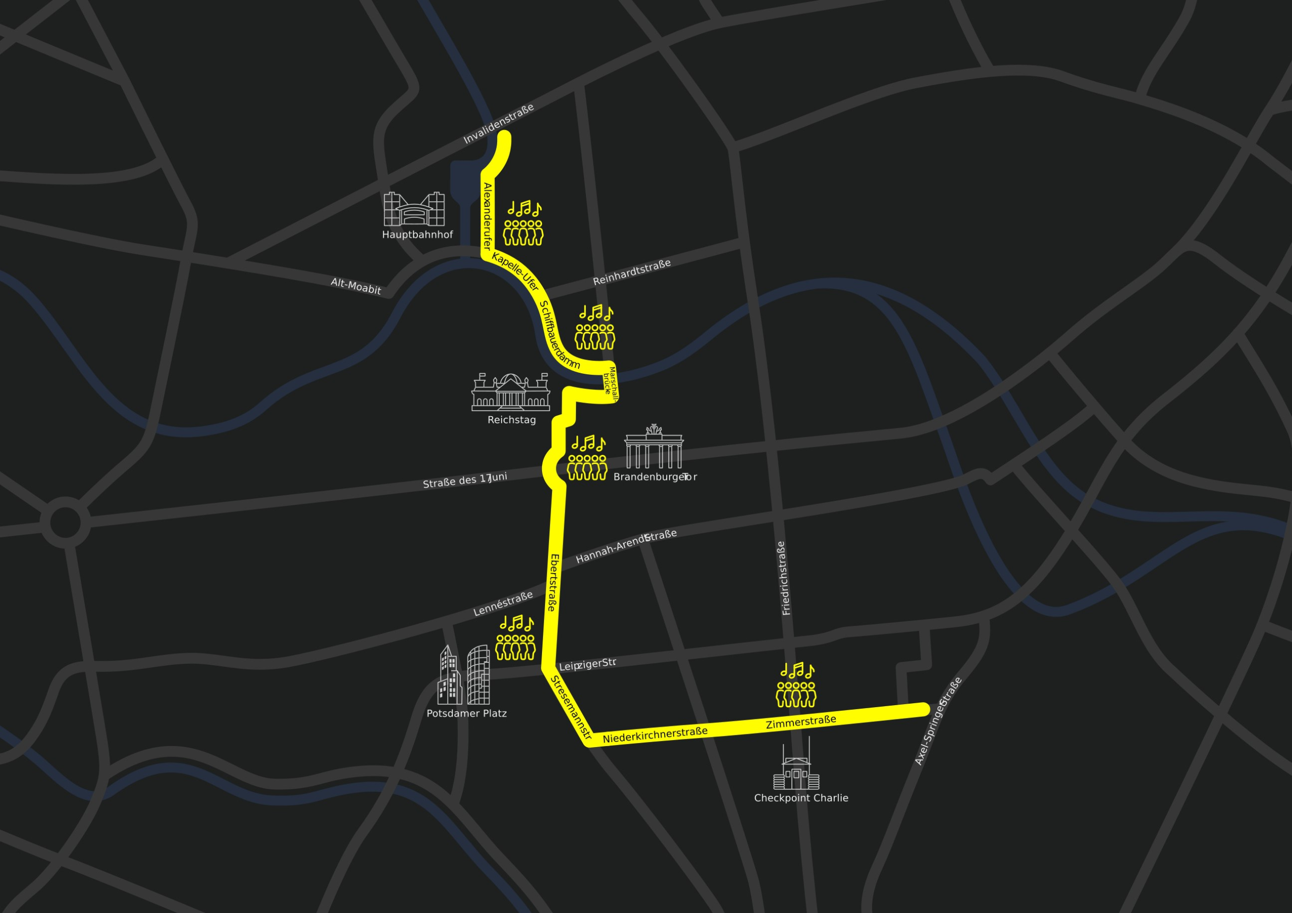 Screenshot of a map of the central region of Berlin; an irregular line of streets is highlighted with 5 venues: Hauptbahnhof, Reichstag, Brandenburger Tor, Potsdamer Platz and Checkpoint Charlie